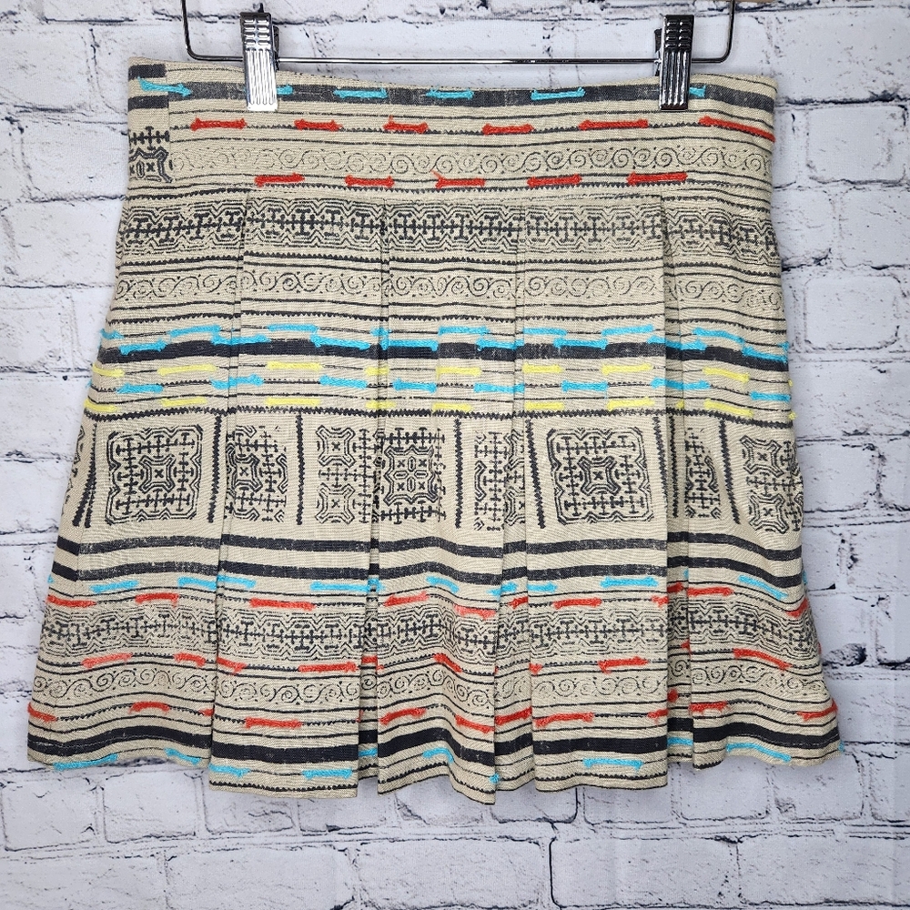 Parker Aztec‎ Embroidered Linen Pleated Khaki Skirt Size 0